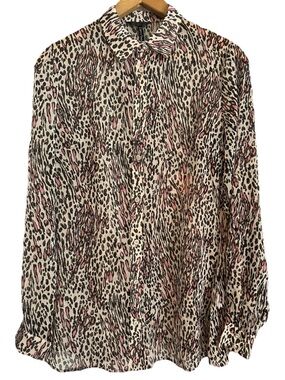 Guess Leopard Print Button-Up Blouse in Ivory, Black & Pink